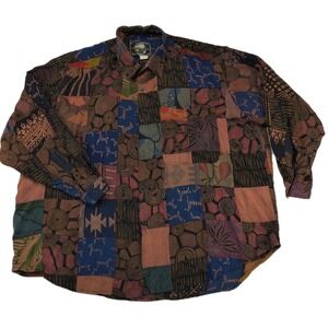 Terranova Patchwork Shirt Button Down Men XL 58" Batik Vintage Funky Retro Print